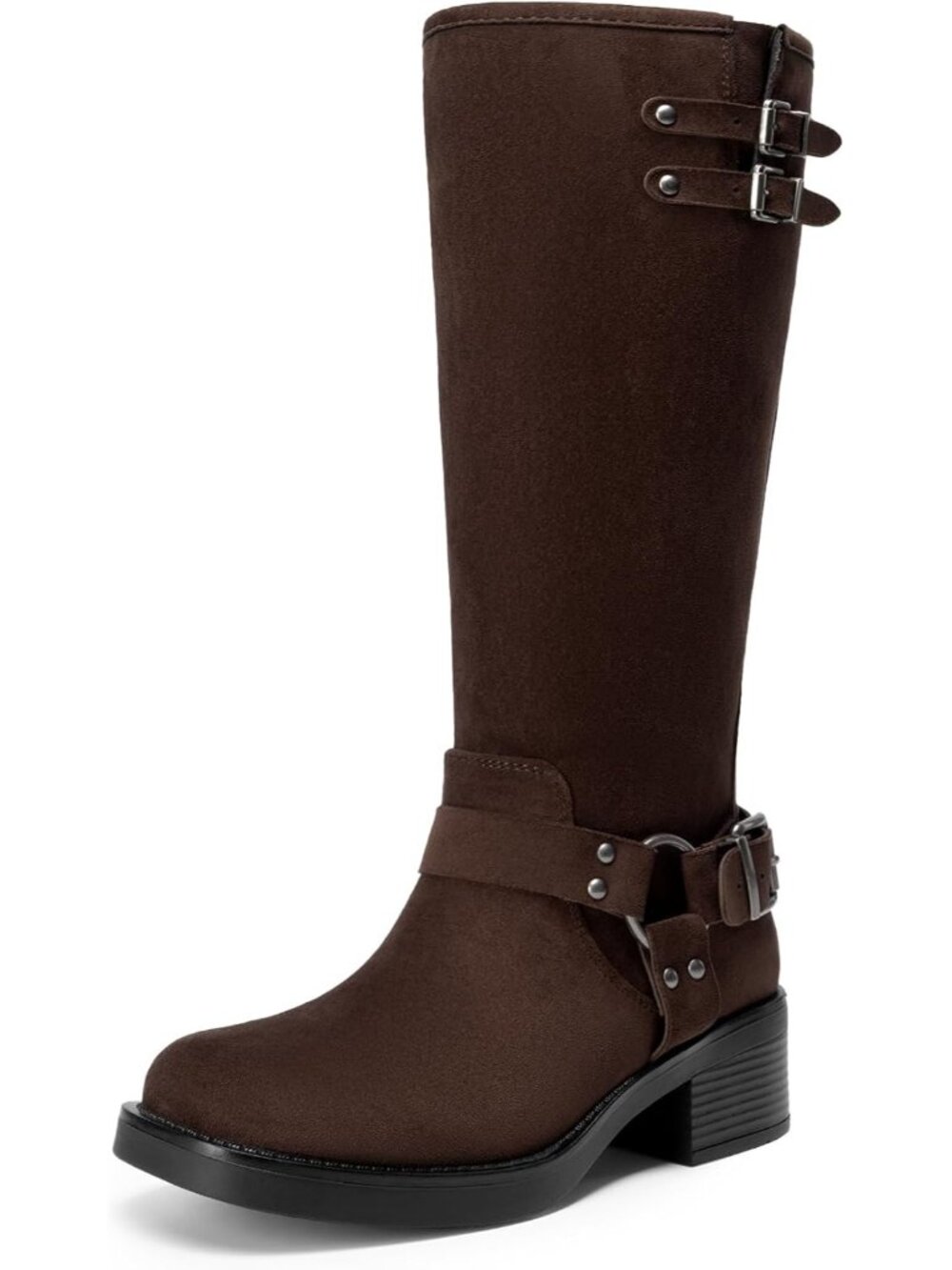 👢DREAM PAIRS Women's Dark Brown Moto Knee High Boots Low Chunky Heel Biker Boot